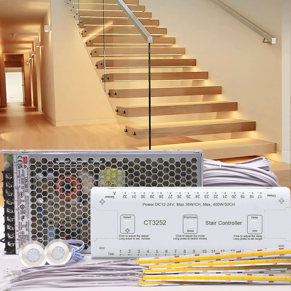 CT3252 Motion Activated Stair Lighting Kit, Dotless COB LED Strip Lights For 1-4FT Stairway